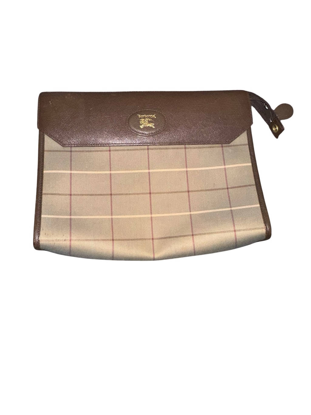 Burberry Beige Check Canvas And Brown Leather Toiletry Pouch